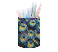 ERSTSNCK A Bunch of Peacock Feathers Pen Holder, Pencil Holder Desktop Stationery Organizer Round Leather Pencil Cup Makeup Brush Storage Box for Office Home And Stationary Supplies