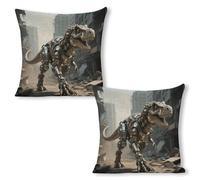 ERSTSNCK A Mechanical Dinosaur in A Ruined City Pillow Covers 18"x18"（2pcs） Linen Throw Pillow Covers - Double Sided Decorative Square Cushion Cases for Sofa, Bed, Chair (No Insert Included)