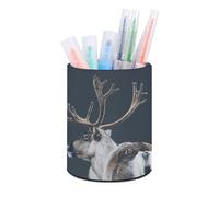 ERSTSNCK A Reindeer Standing Pen Holder, Pencil Holder Desktop Stationery Organizer Round Leather Pencil Cup Makeup Brush Storage Box for Office Home And Stationary Supplies