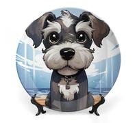 ERSTSNCK Adorable Schnauzer Ceramic Decorative Plate 6inch Bone China Wall Hanging Ornament Plates Bohemian Style Dinner Plate with Stand Cabinet Display Plates for Home Art Decor