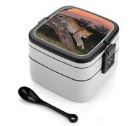 ERSTSNCK African Leopard Bento Box 1000ml Leak Proof Lunch Container with Removable Dividers & Spoon - BPA-Free PP Stackable Lunch Box for Work, Office, Picnic, Travel, Dining Out