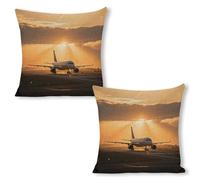 ERSTSNCK Airplane at Sunset Pillow Covers 18"x18"（2pcs） Linen Throw Pillow Covers - Double Sided Decorative Square Cushion Cases for Sofa, Bed, Chair (No Insert Included)