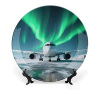 ERSTSNCK Airplane Under The Polar Night Sky Ceramic Decorative Plate 6inch Bone China Wall Hanging Ornament Plates Bohemian Style Dinner Plate with Stand Cabinet Display Plates for Home Art Decor