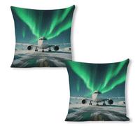 ERSTSNCK Airplane Under The Polar Night Sky Pillow Covers 18"x18"（2pcs） Linen Throw Pillow Covers - Double Sided Decorative Square Cushion Cases for Sofa, Bed, Chair (No Insert Included)