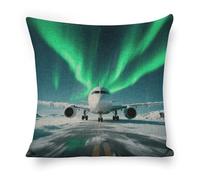 ERSTSNCK Airplane Under The Polar Night Sky Pillow Covers 18"x18" Linen Throw Pillow Covers - Double Sided Decorative Square Cushion Cases for Sofa, Bed, Chair (No Insert Included)