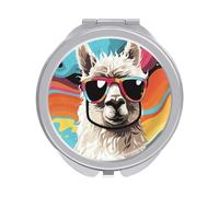 ERSTSNCK Alpaca Wearing Sunglasses Compact Mirror for Purse, Double-Sided 1x/2x Magnifying Metal Pocket Makeup Mirrors, Folding Mini Vanity Mirror, Handheld Round Travel Cosmetic Mirrors for Women