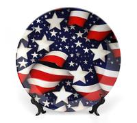 ERSTSNCK American Flag Stars Stripes Ceramic Decorative Plate 7inch Bone China Wall Hanging Ornament Plates Bohemian Style Dinner Plate with Stand Cabinet Display Plates for Home Art Decor