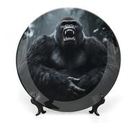 ERSTSNCK Angry Gorilla Ceramic Plate 6inch Decorative Bone China Wall Hanging Ornament Plates Bohemian Style Dinner Plate with Display Stand Cabinet Display Plates for Home Art Decor