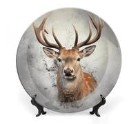 ERSTSNCK Animal Deer Ceramic Plate 10inch Decorative Bone China Wall Hanging Ornament Plates Bohemian Style Dinner Plate with Display Stand Cabinet Display Plates for Home Art Decor