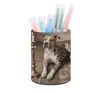 ERSTSNCK Animal Pit Bull Pen Holder, Pencil Holder Desktop Stationery Organizer Round Leather Pencil Cup Makeup Brush Storage Box for Office Home And Stationary Supplies