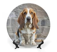 ERSTSNCK Basset Hound Ceramic Plate 8inch Decorative Bone China Wall Hanging Ornament Plates Bohemian Style Dinner Plate with Display Stand Cabinet Display Plates for Home Art Decor