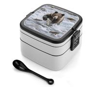 ERSTSNCK Bear Catching Fish Bento Box 1000ml Leak Proof Lunch Container with Removable Dividers & Spoon - BPA-Free PP Stackable Lunch Box for Work, Office, Picnic, Travel, Dining Out