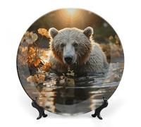ERSTSNCK Bear Crossing The River Ceramic Decorative Plate 7inch Bone China Wall Hanging Ornament Plates Bohemian Style Dinner Plate with Stand Cabinet Display Plates for Home Art Decor