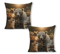 ERSTSNCK Bear Crossing The River Pillow Covers 18"x18"（2pcs） Linen Throw Pillow Covers - Double Sided Decorative Square Cushion Cases for Sofa, Bed, Chair (No Insert Included)