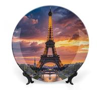 ERSTSNCK Beautiful Eiffel Tower Paris Ceramic Decorative Plate 10inch Bone China Wall Hanging Ornament Plates Bohemian Style Dinner Plate with Stand Cabinet Display Plates for Home Art Decor