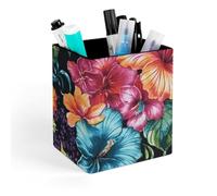 ERSTSNCK Beautiful Hibiscus Flower Pen Holder, Pencil Holder Desktop Stationery Organizer Square Leather Pencil Cup Makeup Brush Storage Box for Office Home And Stationary Supplies
