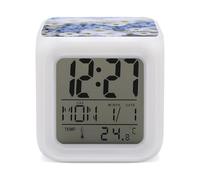 ERSTSNCK Beautiful White Blue Flowers Night Light Alarm Clock LED Display Alarms for Bedroom Smart Digital Alarm Clock Wtih 7 Colorful Ambient Lights Sleep Timer for Heavy Sleepers Simple Operation