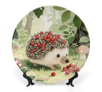 ERSTSNCK Berry - Collecting Hedgehog Ceramic Decorative Plate 6inch Bone China Wall Hanging Ornament Plates Bohemian Style Dinner Plate with Stand Cabinet Display Plates for Home Art Decor