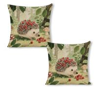 ERSTSNCK Berry - Collecting Hedgehog Pillow Covers 18"x18"（2pcs） Linen Throw Pillow Covers - Double Sided Decorative Square Cushion Cases for Sofa, Bed, Chair (No Insert Included)