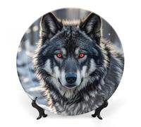ERSTSNCK Big Black Wolf with Red Eyes Ceramic Plate 8inch Decorative Bone China Wall Hanging Ornament Plates Bohemian Style Dinner Plate with Display Stand Cabinet Display Plates for Home Art Decor