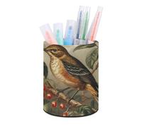 ERSTSNCK Bird on Branch Pen Holder, Pencil Holder Desktop Stationery Organizer Round Leather Pencil Cup Makeup Brush Storage Box for Office Home And Stationary Supplies