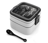 ERSTSNCK Black And White Elephant Image Bento Box 1000ml Leak Proof Lunch Container with Removable Dividers & Spoon - BPA-Free PP Stackable Lunch Box for Work, Office, Picnic, Travel, Dining Out