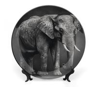 ERSTSNCK Black And White Elephant Image Ceramic Decorative Plate 7inch Bone China Wall Hanging Ornament Plates Bohemian Style Dinner Plate with Stand Cabinet Display Plates for Home Art Decor