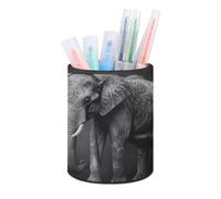ERSTSNCK Black And White Elephant Image Pen Holder, Pencil Holder Desktop Stationery Organizer Round Leather Pencil Cup Makeup Brush Storage Box for Office Home And Stationary Supplies