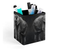ERSTSNCK Black And White Elephant Image Pen Holder, Pencil Holder Desktop Stationery Organizer Square Leather Pencil Cup Makeup Brush Storage Box for Office Home And Stationary Supplies