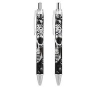 ERSTSNCK Black And White Skulls Black Ballpoint Pens Fine Point (0.5mm) Black Ink Pen Retractable Ball Point Pens with Comfortable Full Grip for Journaling, And Office Writing Ideal 2 PCS