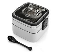 ERSTSNCK Black And White Tiger Bento Box 1000ml Leak Proof Lunch Container with Removable Dividers & Spoon - BPA-Free PP Stackable Lunch Box for Work, Office, Picnic, Travel, Dining Out