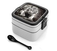 ERSTSNCK Black And White Tiger Bento Box 1000ml Leak Proof Lunch Container with Removable Dividers & Spoon - BPA-Free PP Stackable Lunch Box for Work, Office, Picnic, Travel, Dining Out