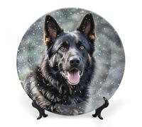 ERSTSNCK Black German Shepherd Dog Ceramic Decorative Plate 7inch Bone China Wall Hanging Ornament Plates Bohemian Style Dinner Plate with Stand Cabinet Display Plates for Home Art Decor