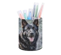 ERSTSNCK Black German Shepherd Dog Pen Holder, Pencil Holder Desktop Stationery Organizer Round Leather Pencil Cup Makeup Brush Storage Box for Office Home And Stationary Supplies