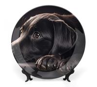 ERSTSNCK Black Labrador Puppy Ceramic Decorative Plate 7inch Bone China Wall Hanging Ornament Plates Bohemian Style Dinner Plate with Stand Cabinet Display Plates for Home Art Decor
