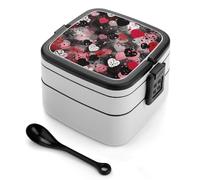 ERSTSNCK Black Polka Dot Heart Bento Box 1000ml Leak Proof Lunch Container with Removable Dividers & Spoon - BPA-Free PP Stackable Lunch Box for Work, Office, Picnic, Travel, Dining Out