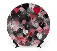 ERSTSNCK Black Polka Dot Heart Ceramic Decorative Plate 10inch Bone China Wall Hanging Ornament Plates Bohemian Style Dinner Plate with Stand Cabinet Display Plates for Home Art Decor