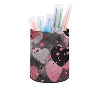 ERSTSNCK Black Polka Dot Heart Pen Holder, Pencil Holder Desktop Stationery Organizer Round Leather Pencil Cup Makeup Brush Storage Box for Office Home And Stationary Supplies