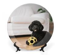 ERSTSNCK Black Poodles Dog Ceramic Decorative Plate 8inch Bone China Wall Hanging Ornament Plates Bohemian Style Dinner Plate with Stand Cabinet Display Plates for Home Art Decor