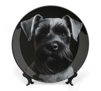 ERSTSNCK Black Schnauzer Dog Ceramic Decorative Plate 7inch Bone China Wall Hanging Ornament Plates Bohemian Style Dinner Plate with Stand Cabinet Display Plates for Home Art Decor