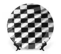 ERSTSNCK Black White Race Checkered Flag Ceramic Decorative Plate 6inch Bone China Wall Hanging Ornament Plates Bohemian Style Dinner Plate with Stand Cabinet Display Plates for Home Art Decor