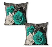 ERSTSNCK Black White Teal Gray Rose Flowers Pillow Covers 18"x18"（2pcs） Linen Throw Pillow Covers - Double Sided Decorative Square Cushion Cases for Sofa, Bed, Chair (No Insert Included)