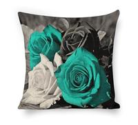ERSTSNCK Black White Teal Gray Rose Flowers Pillow Covers 18"x18" Linen Throw Pillow Covers - Double Sided Decorative Square Cushion Cases for Sofa, Bed, Chair (No Insert Included)