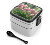 ERSTSNCK Blooming Peach Tulips Bento Box 1000ml Leak Proof Lunch Container with Removable Dividers & Spoon - BPA-Free PP Stackable Lunch Box for Work, Office, Picnic, Travel, Dining Out