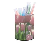 ERSTSNCK Blooming Peach Tulips Pen Holder, Pencil Holder Desktop Stationery Organizer Round Leather Pencil Cup Makeup Brush Storage Box for Office Home And Stationary Supplies