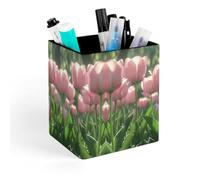 ERSTSNCK Blooming Peach Tulips Pen Holder, Pencil Holder Desktop Stationery Organizer Square Leather Pencil Cup Makeup Brush Storage Box for Office Home And Stationary Supplies