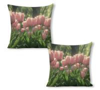 ERSTSNCK Blooming Peach Tulips Pillow Covers 18"x18"（2pcs） Linen Throw Pillow Covers - Double Sided Decorative Square Cushion Cases for Sofa, Bed, Chair (No Insert Included)