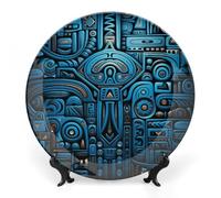 ERSTSNCK Blue And Black Tribal Pattern Ceramic Decorative Plate 7inch Bone China Wall Hanging Ornament Plates Bohemian Style Dinner Plate with Stand Cabinet Display Plates for Home Art Decor