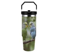 ERSTSNCK Blue And Green Parakeets 30oz Tumbler Large Capacity Car Cup with Handle And Straw Lid Stainless Steel Travel Mug Double Wall Vacuum Insulated Cup Leak-Proof for Outdoor Home Use