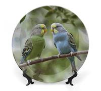 ERSTSNCK Blue And Green Parakeets Ceramic Decorative Plate 10inch Bone China Wall Hanging Ornament Plates Bohemian Style Dinner Plate with Stand Cabinet Display Plates for Home Art Decor
